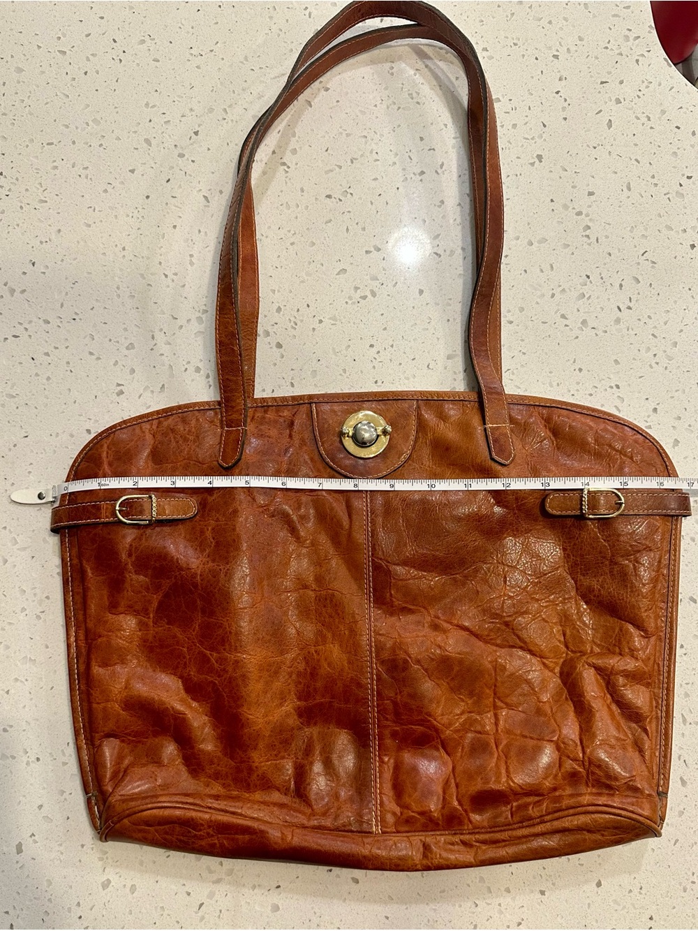 Vintage Classic Brown Leather Tote Bag with Turn-Lock Closure